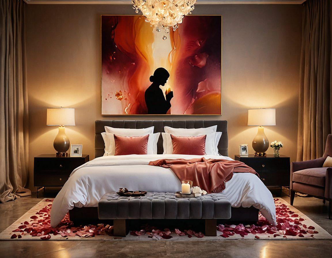 A serene bedroom setting featuring soft lighting, luxurious fabrics, and tasteful decor that inspires intimacy. Include a warm-colored abstract painting on the wall depicting fluid shapes symbolizing pleasure and mindfulness. Add subtle elements like scattered rose petals and a lit candle for ambiance. Capture a sense of tranquility and connection between two silhouettes enjoying a moment of closeness. super-realistic. warm tones. soft focus.