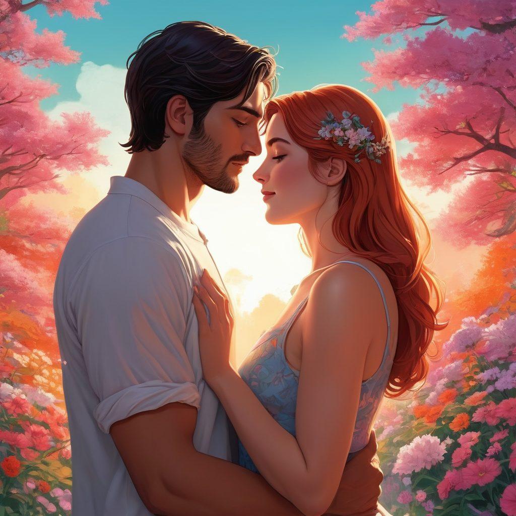 A visually striking split scene depicting a colorful graphic novel on one side, showcasing diverse characters engaged in a heartfelt conversation, while the other side illustrates a serene couple enjoying a cozy moment together, surrounded by blooming flowers symbolizing healthy relationships. The colors should blend vividly, emphasizing the balance between erotic content and emotional depth. super-realistic. vibrant colors. soft background.