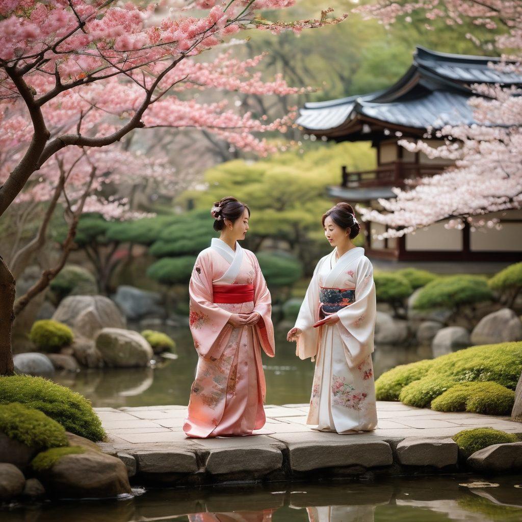A serene scene depicting two characters in a tranquil, beautifully decorated Japanese garden, symbolizing connection and balance. They are engaged in a gentle, respectful interaction, surrounded by blooming cherry blossoms and soft, ethereal lighting. Incorporate elements of sensuality that maintain an air of mindfulness and respect. Include subtle references to traditional Japanese art styles. vibrant colors. super-realistic.